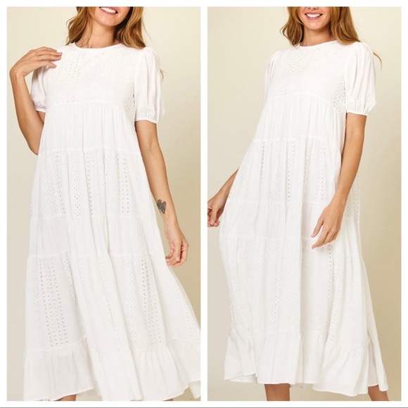 38 Boho absolutely Beautiful Short Puff Sleeves Lace Midi Dress - Picture 5 of 6